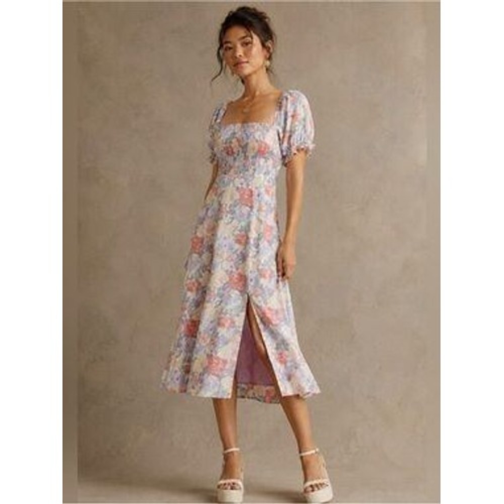 ASTR THE LABEL Cottage Colorful Floral Smocked Puff Sleeve Midi Dress Small - Picture 1 of 7